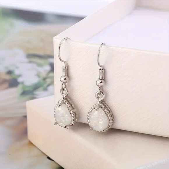 Silver Opal Teardrop Dangle Earrings Classc Crystal Drop Gemstone Pendant Charm - Picture 3 of 7